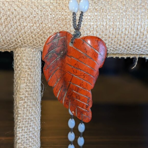 Carved Red Leaf Pendant and Blue Bead Necklace - Picture 2 of 3